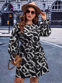 SHEIN Clasi Plus Letter Graphic Belted Dress - Black and White - View 1
