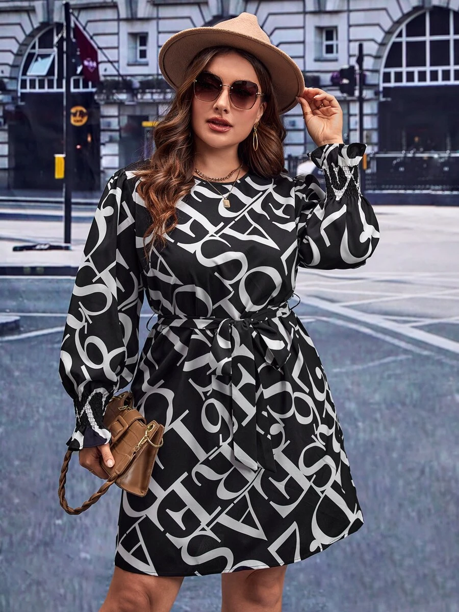 SHEIN Clasi Plus Letter Graphic Belted Dress - Black and White - View 1