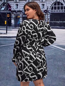 SHEIN Clasi Plus Letter Graphic Belted Dress - Black and White - View 2
