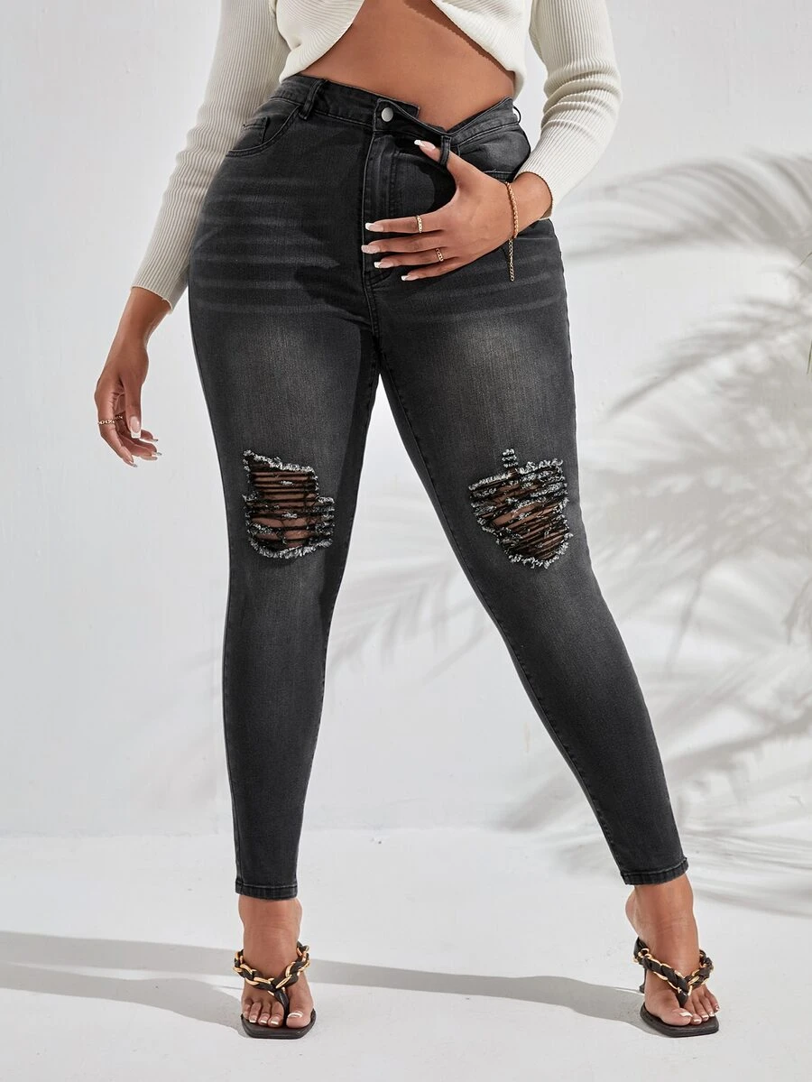 SHEIN SXY Plus High Waist Ripped Skinny Jeans - Dark Grey - View 1