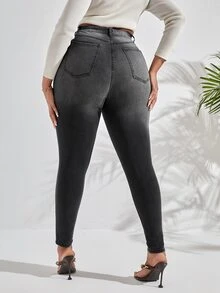 SHEIN SXY Plus High Waist Ripped Skinny Jeans - Dark Grey - View 2
