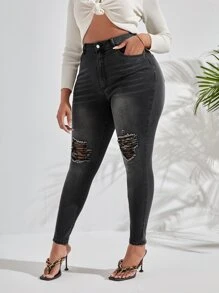 SHEIN SXY Plus High Waist Ripped Skinny Jeans - Dark Grey - View 4