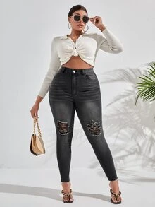 SHEIN SXY Plus High Waist Ripped Skinny Jeans - Dark Grey - View 5