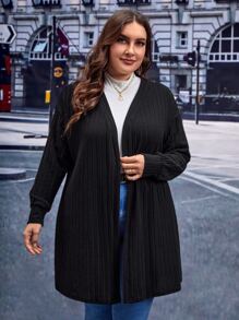 SHEIN LUNE Plus Drop Shoulder Open Front Coat - Black - View 4