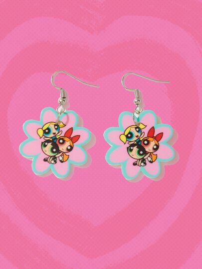 The Powerpuff Girls | ROMWE Cartoon Graphic Flower Decor Drop Earrings, Valentines, Mother's Day, Mom Gift