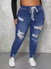 SHEIN SXY Dragsko Sömnlös Nederkant Rev Enkel Plus Size Jeans - Mörktvätt - Visa 1