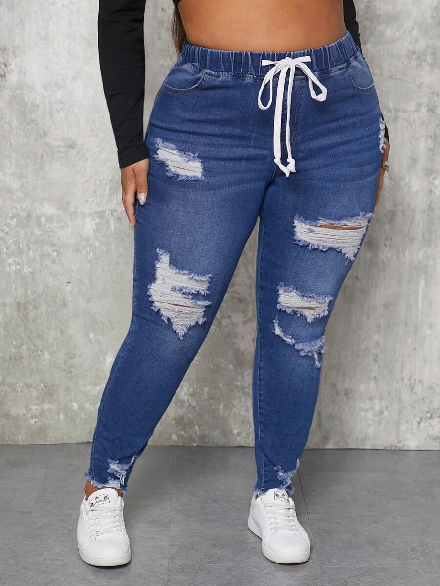 SHEIN SXY Dragsko Sömnlös Nederkant Rev Enkel Plus Size Jeans - Mörktvätt - Visa 1