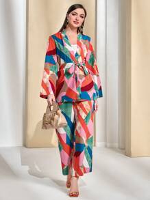Modelyn Geo Print Belted Coat & Trousers - Multicolor - View 1