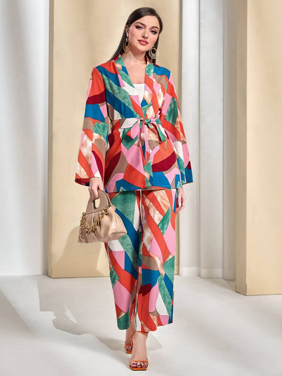 Modelyn Geo Print Belted Coat & Trousers - Multicolor - View 1