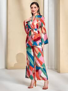 Modelyn Geo Print Belted Coat & Trousers - Multicolor - View 3