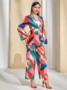 Modelyn Geo Print Belted Coat & Trousers - Multicolor - View 4