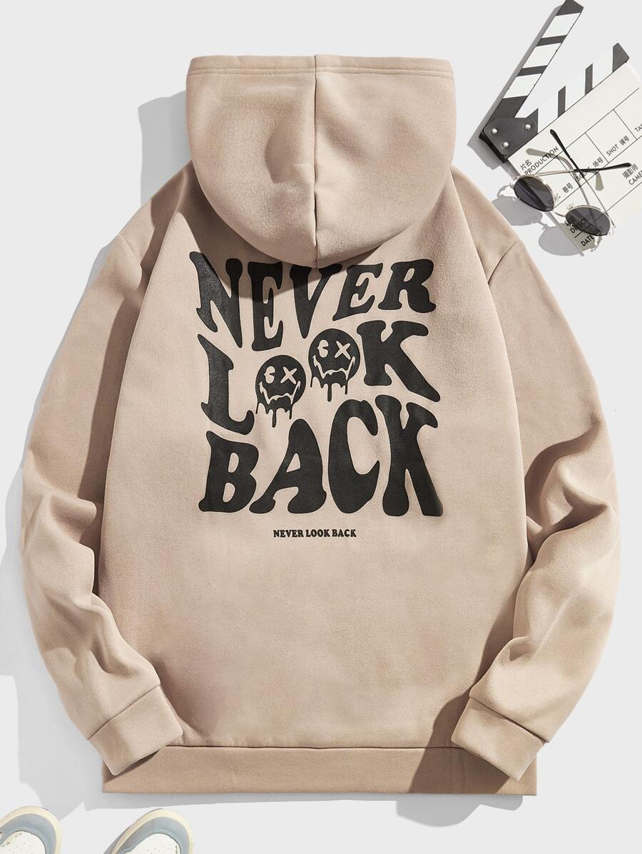 Manfinity VCAY 男士標語圖案抽繩連帽衫 - 卡其色 - 查看 1