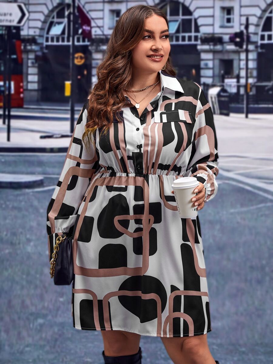 SHEIN Clasi Plus Geo Print Lantern Sleeve Shirt Dress - Multicolor - View 1