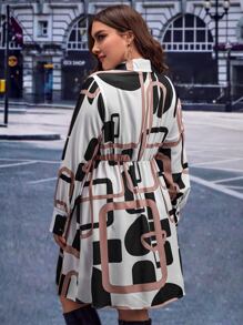SHEIN Clasi Plus Geo Print Lantern Sleeve Shirt Dress - Multicolor - View 2