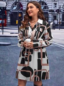 SHEIN Clasi Plus Geo Print Lantern Sleeve Shirt Dress - Multicolor - View 3