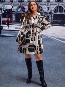 SHEIN Clasi Plus Geo Print Lantern Sleeve Shirt Dress - Multicolor - View 4
