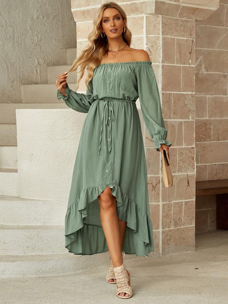 Off Shoulder Flounce Sleeve Ruffle Hem Drawstring Waist High Low Hem Dress - Mint Green - View 1