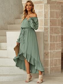 Off Shoulder Flounce Sleeve Ruffle Hem Drawstring Waist High Low Hem Dress - Mint Green - View 3