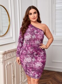 SHEIN Frenchy Plus Floral Print One Shoulder Bodycon Dress - Multicolor - View 1