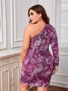 SHEIN Frenchy Plus Floral Print One Shoulder Bodycon Dress - Multicolor - View 2
