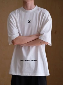 Manfinity Hypemode 男士鬆身假領t恤,印有口號圖形印花 - 白色 - 查看 1