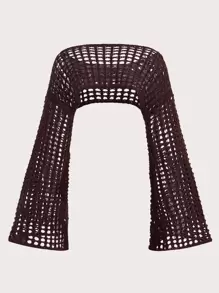 ROMWE Fairycore 夏季钩针镂空喇叭袖开放式针织毛衣，学校 - 咖啡棕 - 查看 5