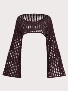 ROMWE Fairycore 夏季钩针镂空喇叭袖开放式针织毛衣，学校 - 咖啡棕 - 查看 2