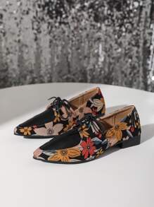 Floral Pattern Lace-up Front Point Toe Faux Suede Oxford Flats - Multicolor - View 4