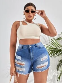 SHEIN SXY Shorts mezclilla desgarro bajo crudo - Azul lavado medio - Ver 6