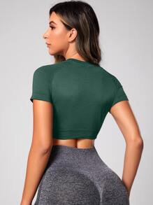 Easithlete Top deportivo sin costuras con mangas raglán y recortado para entrenamiento - Verde Oscuro - Ver 2