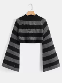 ROMWE Fairycore Striped Pattern Ripped Crop Sweater - Multicolor - View 5