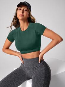 Easithlete Top deportivo sin costuras con mangas raglán y recortado para entrenamiento - Verde Oscuro - Ver 4