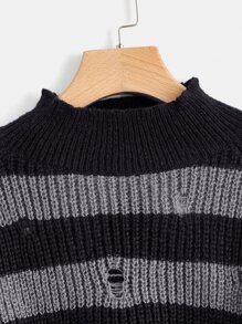 ROMWE Fairycore Striped Pattern Ripped Crop Sweater - Multicolor - View 4