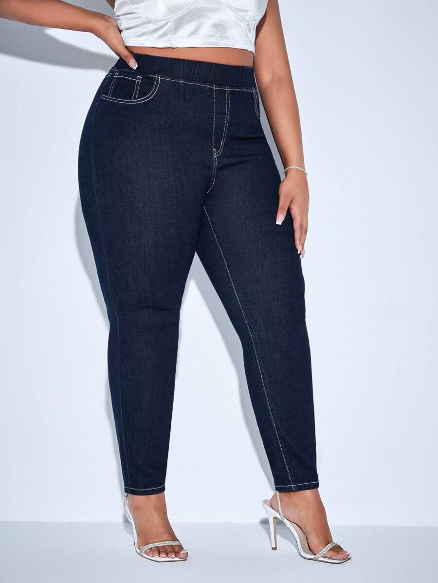 SHEIN SXY Plus High Waist Skinny Jeans - Dark Wash - View 1