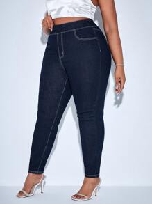 SHEIN SXY Plus High Waist Skinny Jeans - Dark Wash - View 4