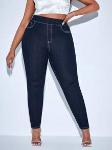 SHEIN SXY Plus High Waist Skinny Jeans - Dark Wash - View 5