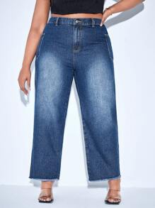 Plus High Waist Raw Cut Straight Leg Jeans - Dark Wash - View 3