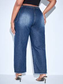 Plus High Waist Raw Cut Straight Leg Jeans - Dark Wash - View 2