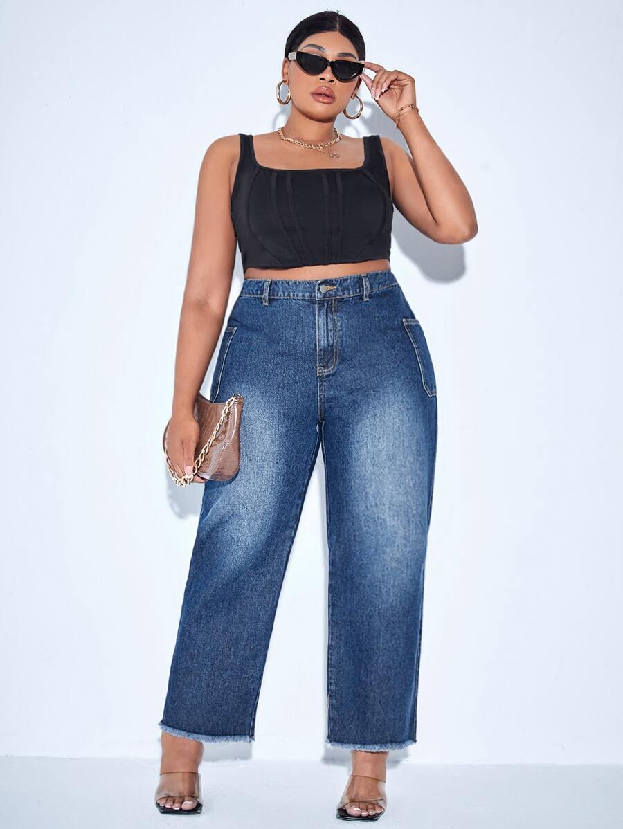 Plus High Waist Raw Cut Straight Leg Jeans - Dark Wash - View 1