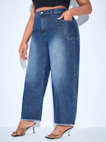 Plus High Waist Raw Cut Straight Leg Jeans - Dark Wash - View 4