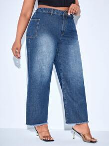 Plus High Waist Raw Cut Straight Leg Jeans - Dark Wash - View 5
