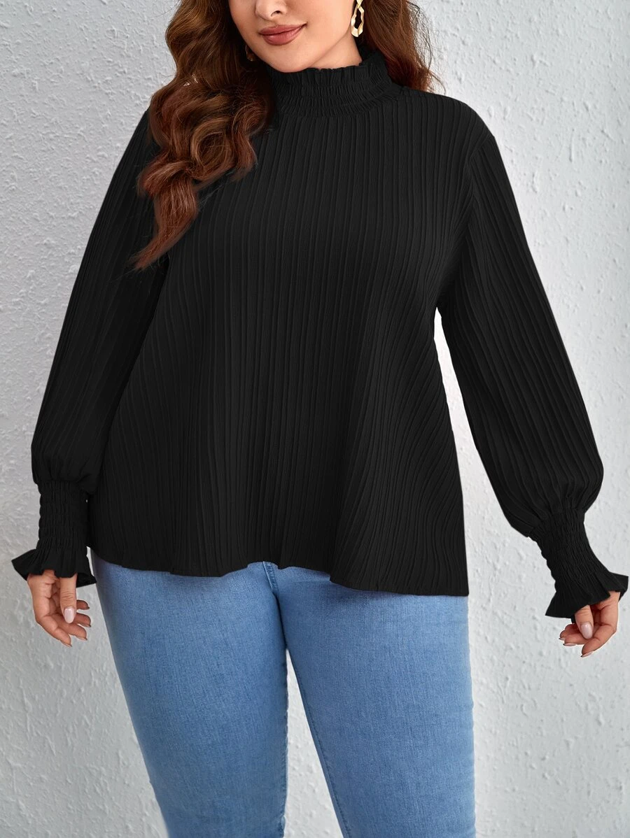 SHEIN Frenchy Plus Frilled Neck Flounce Sleeve Blouse - Black - View 1
