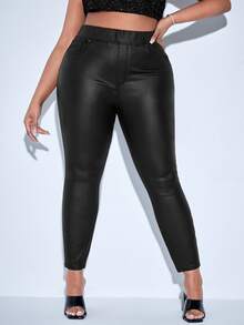 Plus Elastic Waist Skinny Solid Pants, For Women Spring Summer - Black - View 2