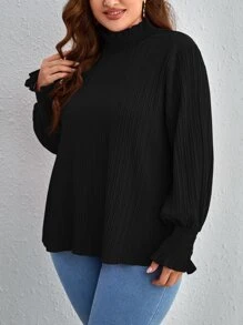 SHEIN Frenchy Plus Frilled Neck Flounce Sleeve Blouse - Black - View 4