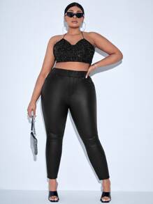 Plus Elastic Waist Skinny Solid Pants, For Women Spring Summer - Black - View 5