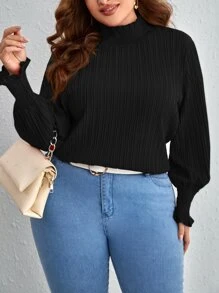 SHEIN Frenchy Plus Frilled Neck Flounce Sleeve Blouse - Black - View 6