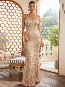 Missord Backless Mermaid Hem Sequin Formal Dress - Champagne - View 1