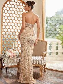Missord Backless Mermaid Hem Sequin Formal Dress - Champagne - View 2