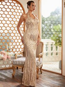 Missord Backless Mermaid Hem Sequin Formal Dress - Champagne - View 6