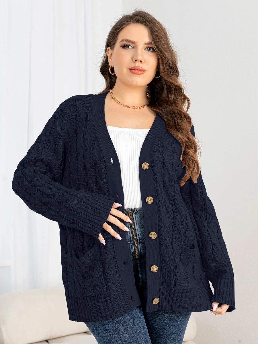 DEARCASE Cárdigan de punto grueso con bolsillos dobles, para el invierno - Azul Marino - Ver 1